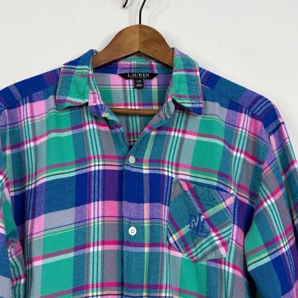 Lauren Ralph Lauren Nightgown Womens Large Blue Pink Plaid Flannel Short PJs - Picture 3 of 10